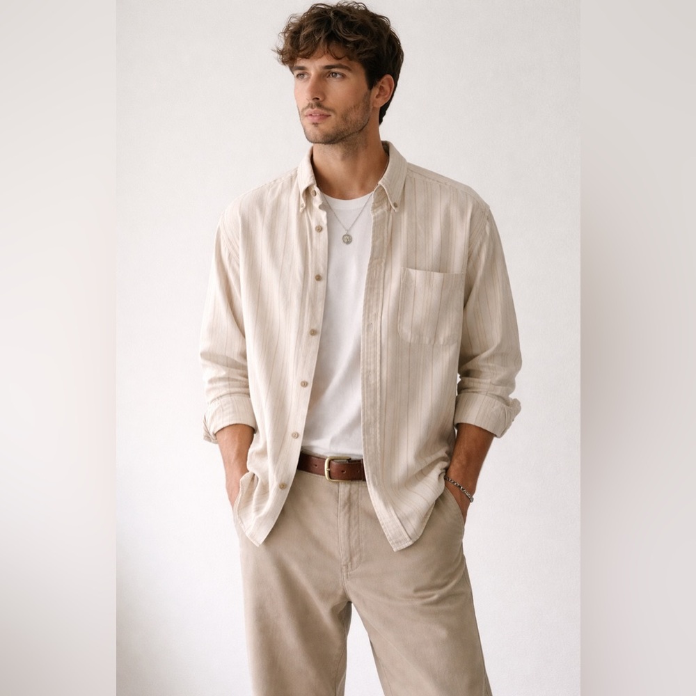 Baxter Brand Natural Clothing Co Cream Striped Button-Down Shirt | Size S
